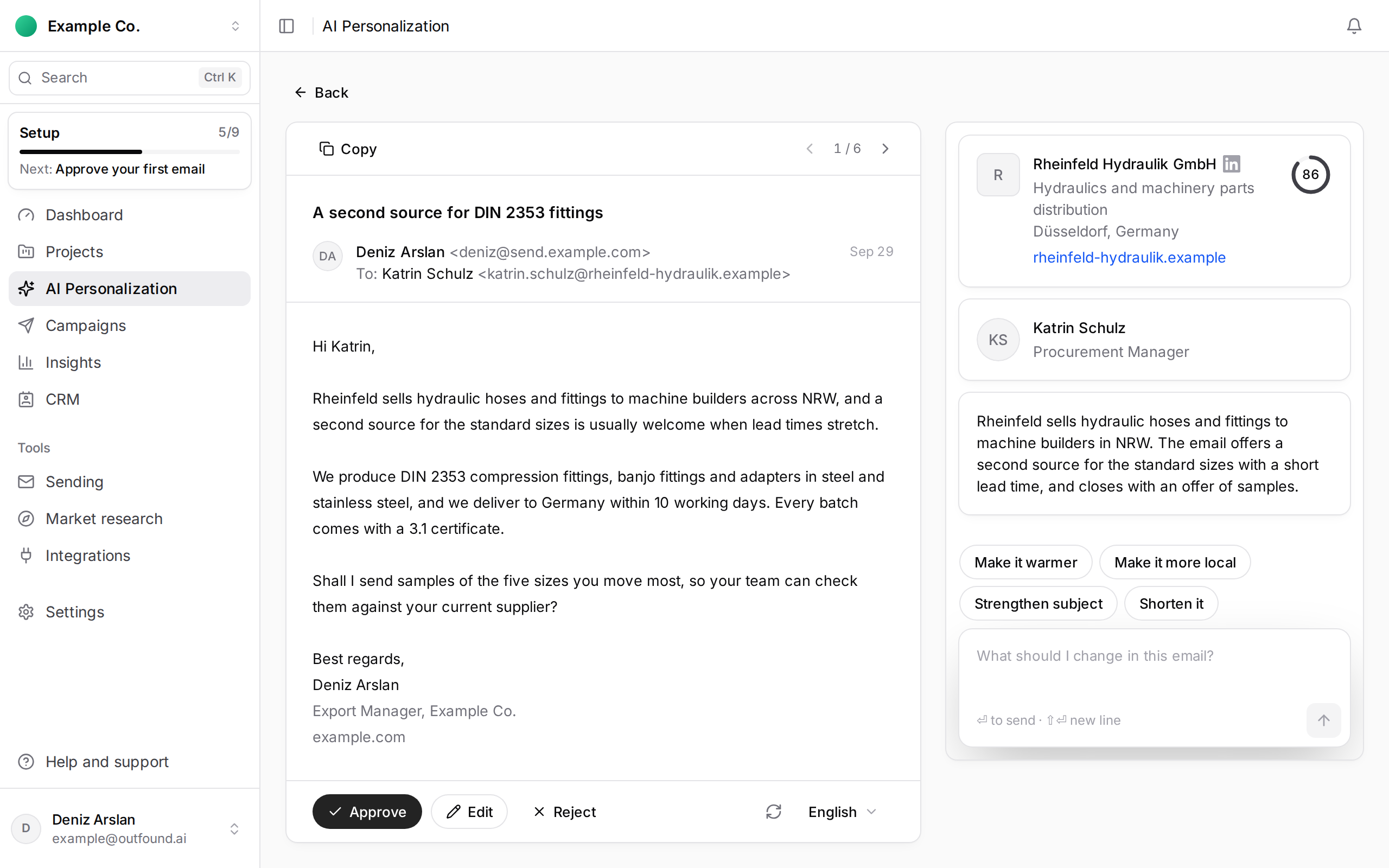 An open draft on the Generate Emails page: subject, body and the Approve, Edit and Reject buttons