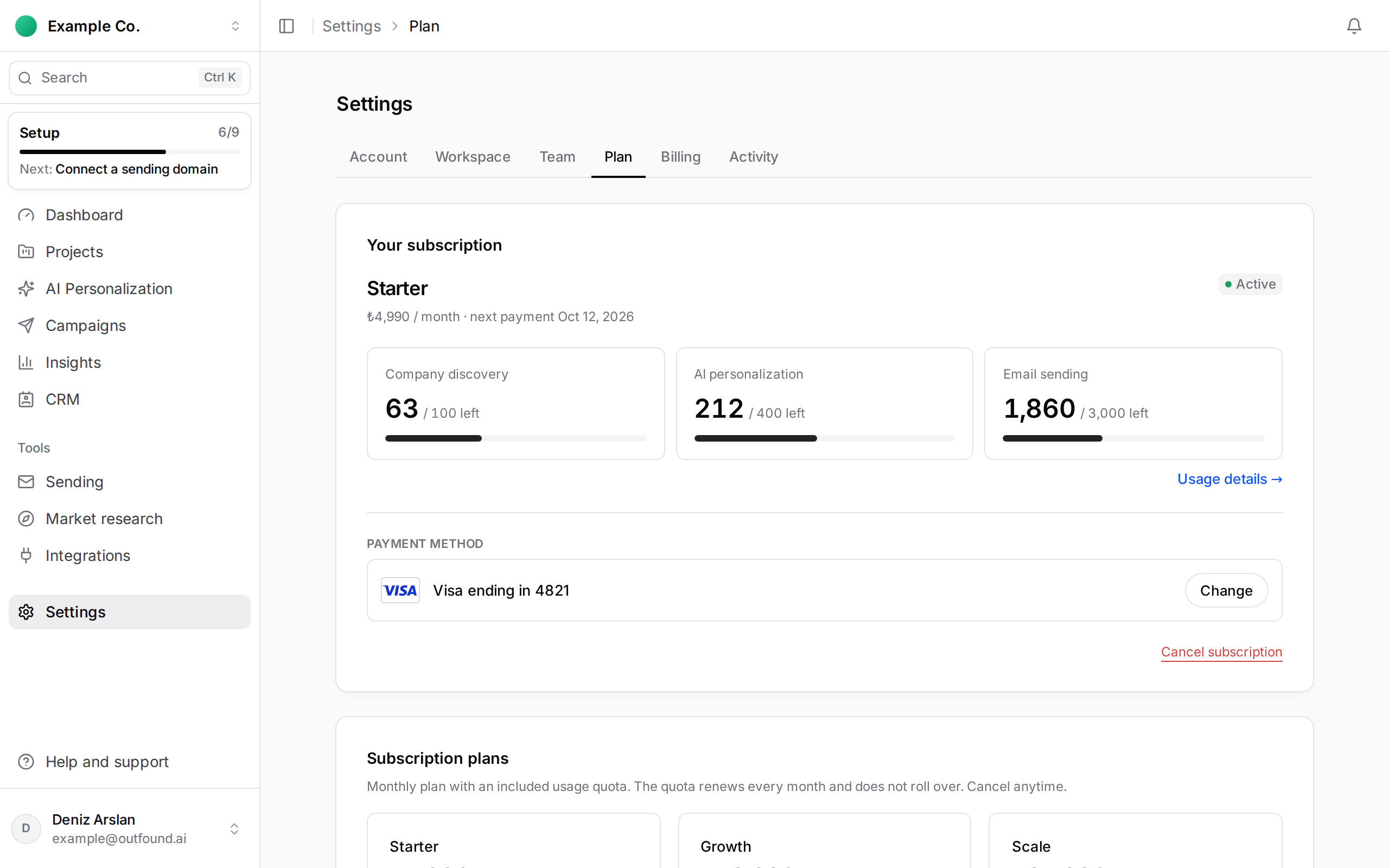 Your subscription on Settings › Plan: the Starter plan and what is left of the three allowances