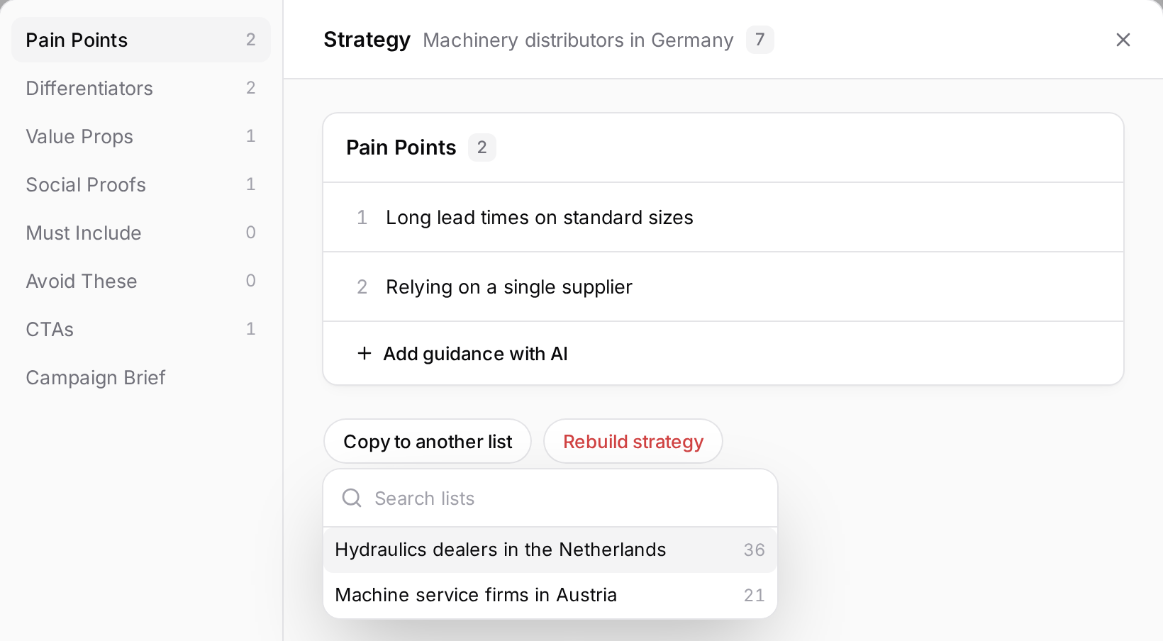 The strategy window with Copy to another list open: two lists without a strategy
