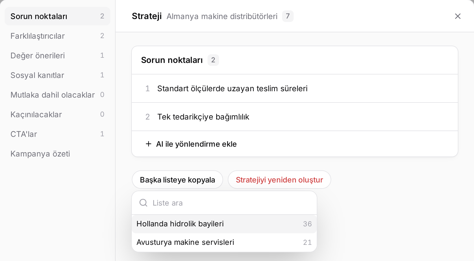 Strateji penceresinde Başka listeye kopyala açık: stratejisi olmayan iki liste