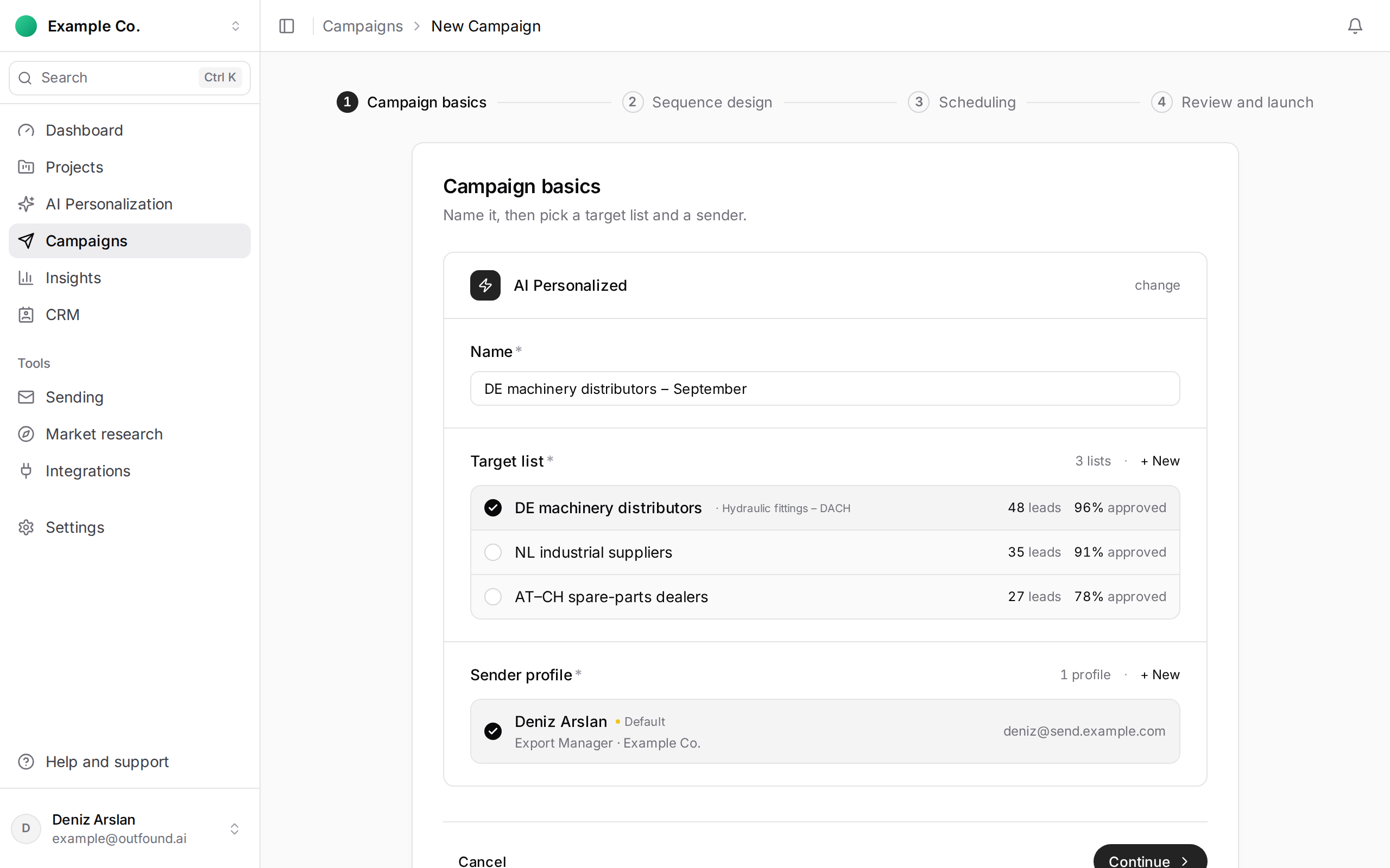 The Campaign basics step of the new-campaign wizard: the four-step indicator, campaign name, target list and sender profile