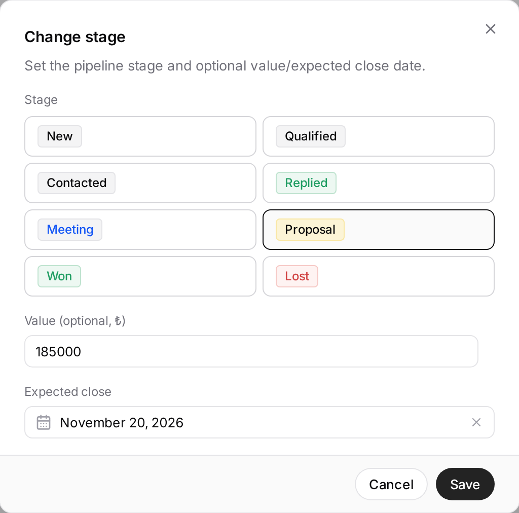 The Change stage window with the Proposal stage, a value and an expected close date filled in