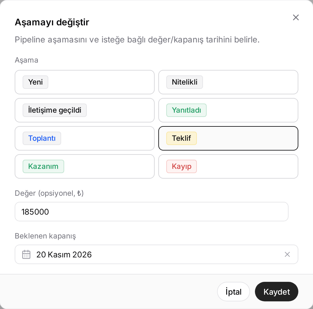 Aşamayı değiştir penceresi: Teklif aşaması, değer ve beklenen kapanış tarihi dolu
