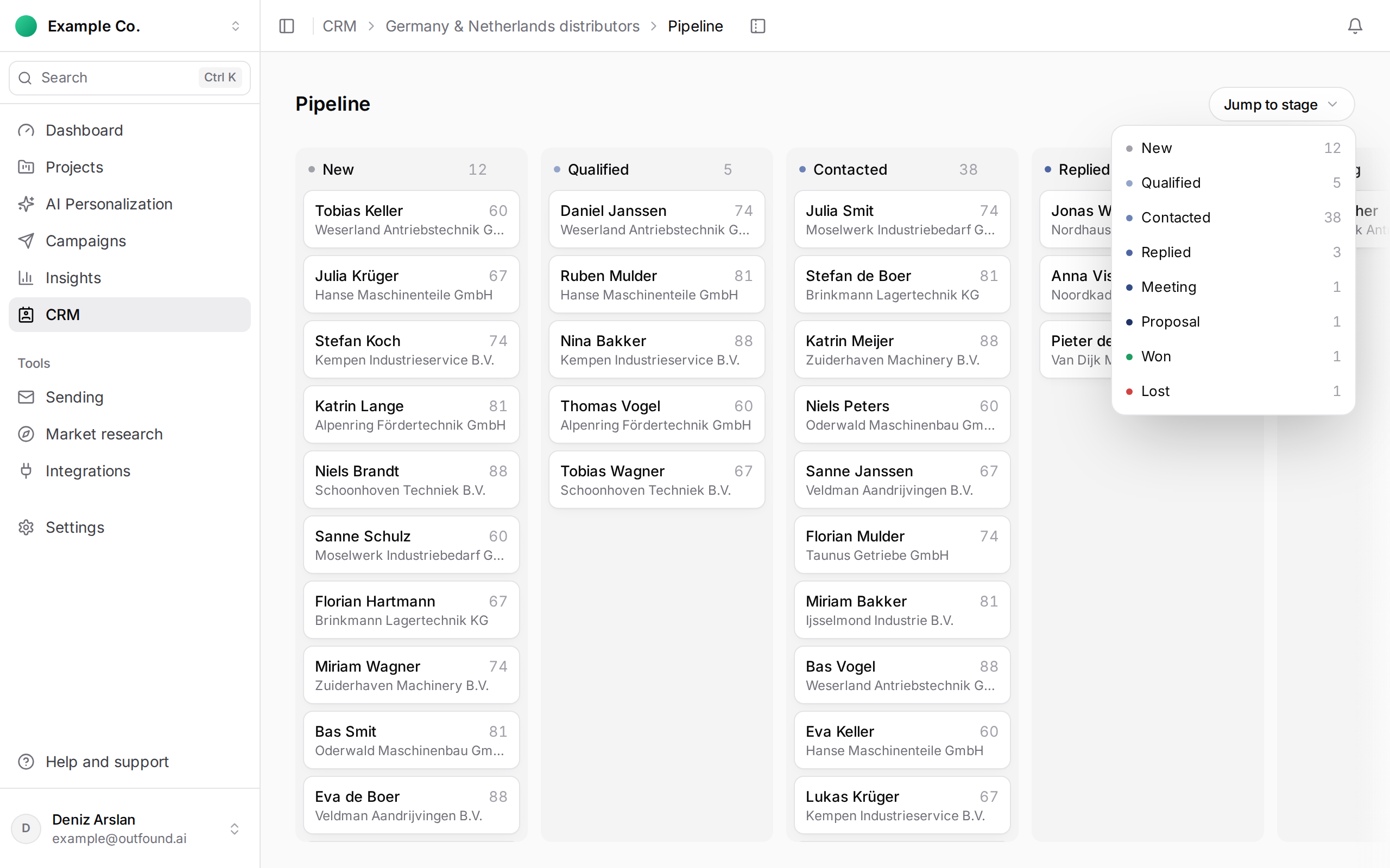 The CRM Pipeline board: stage columns and the Jump to stage menu listing every stage