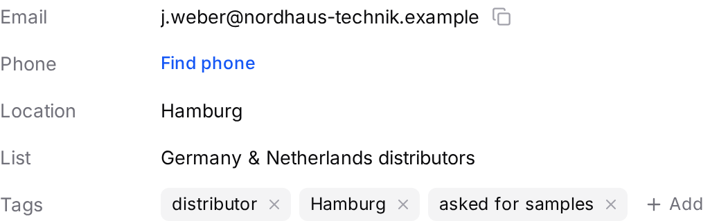 The person’s details, with the Tags row