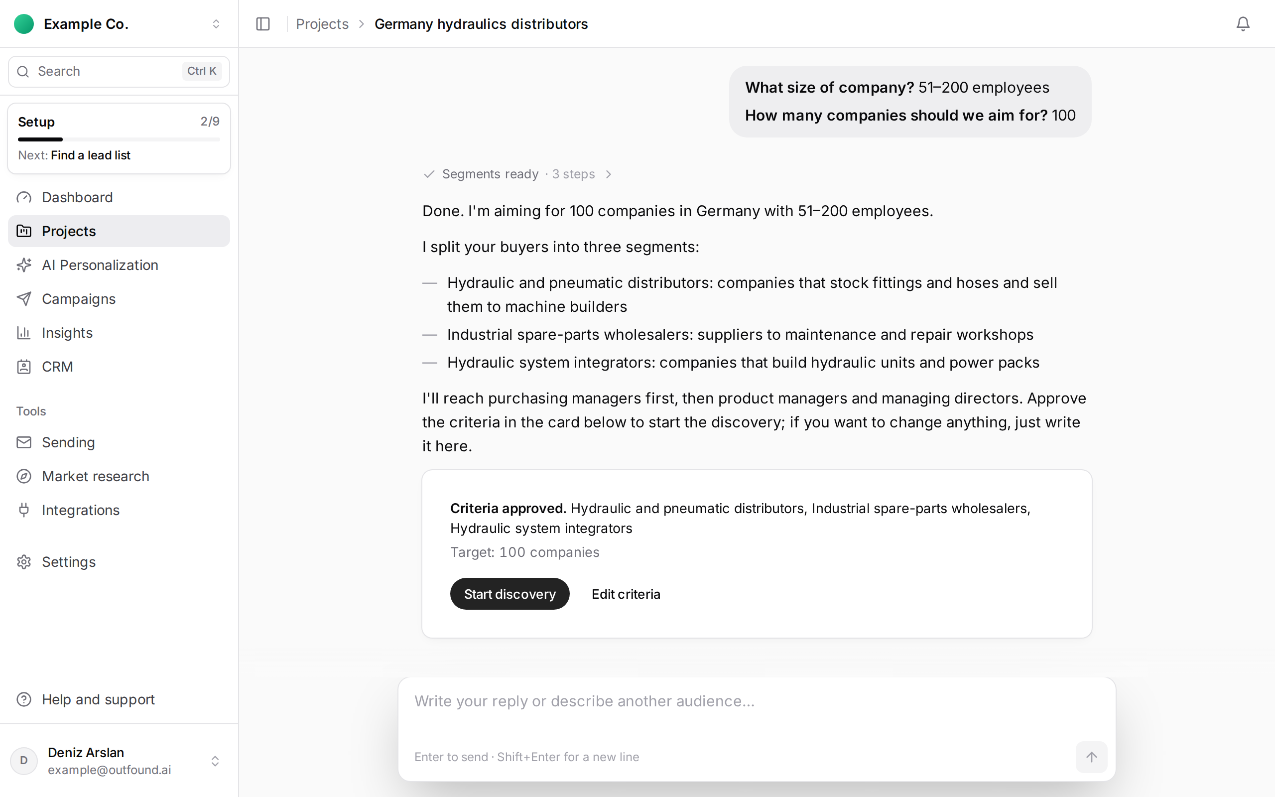 The copilot chat on a project page: company size and target count answered, three segments and the Start discovery button
