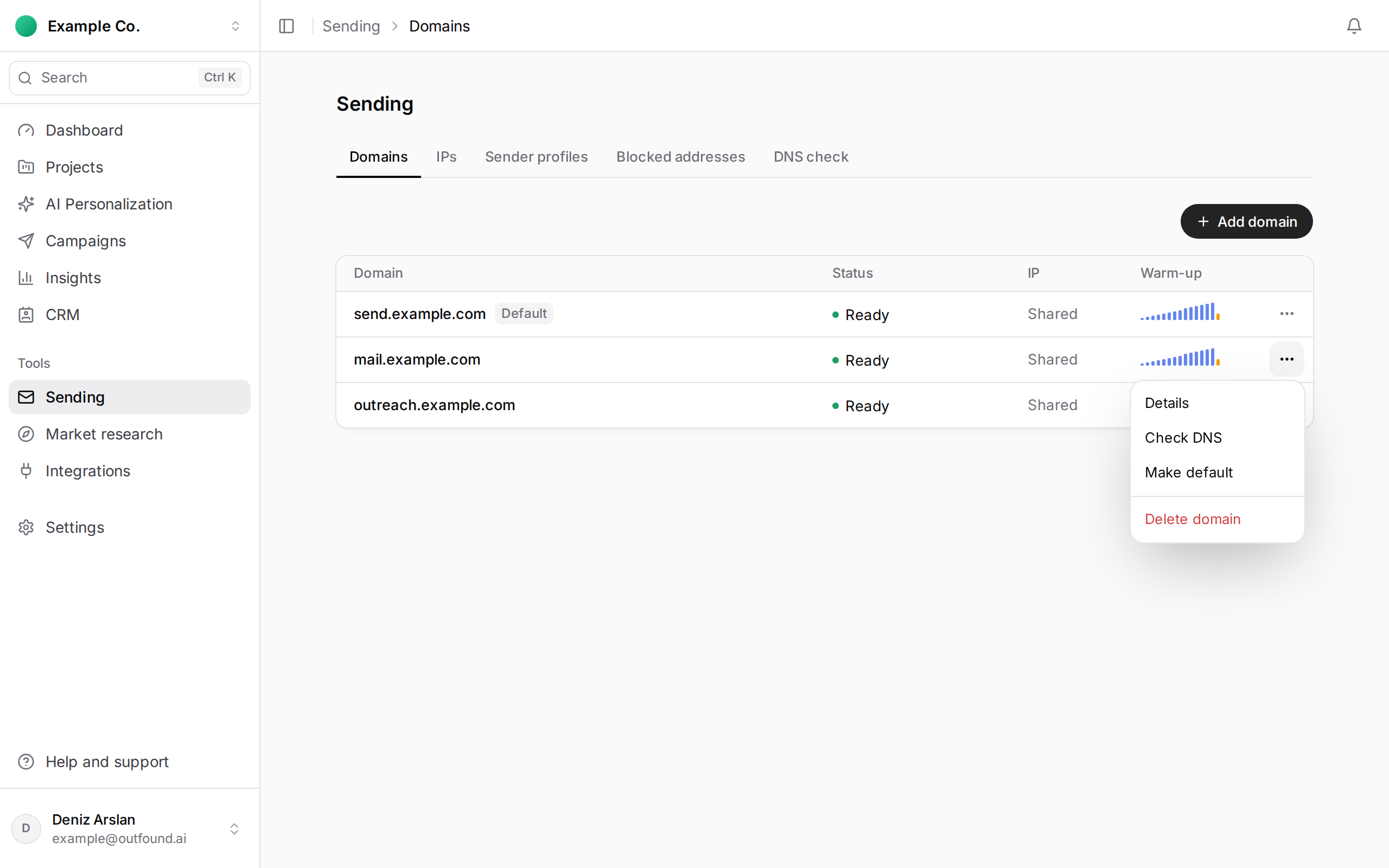A domain’s three-dot menu: details, DNS check, default and delete actions