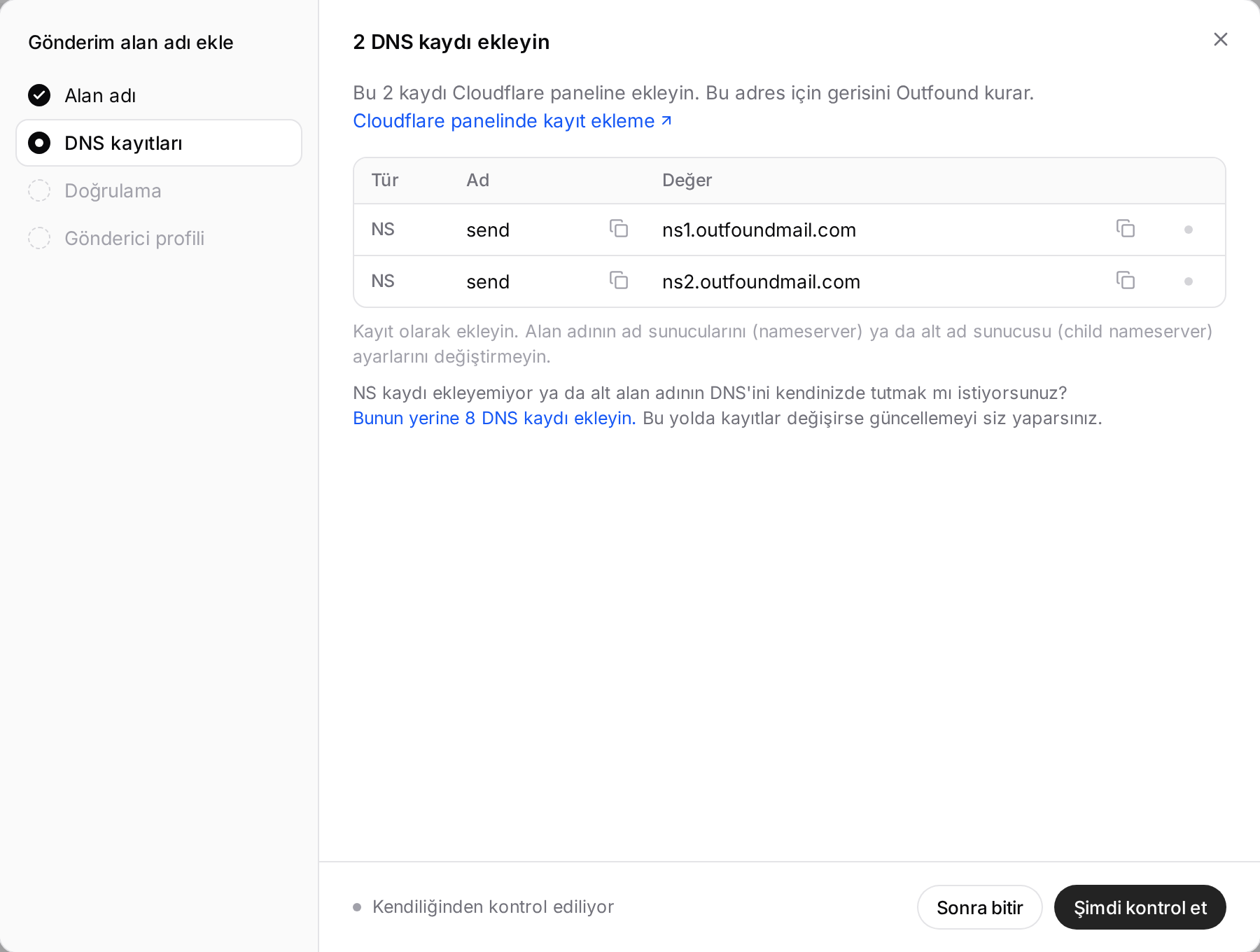 DNS kayıtlarını ekleyin ekranı: DNS sağlayıcısı Cloudflare, send adına iki NS kaydı