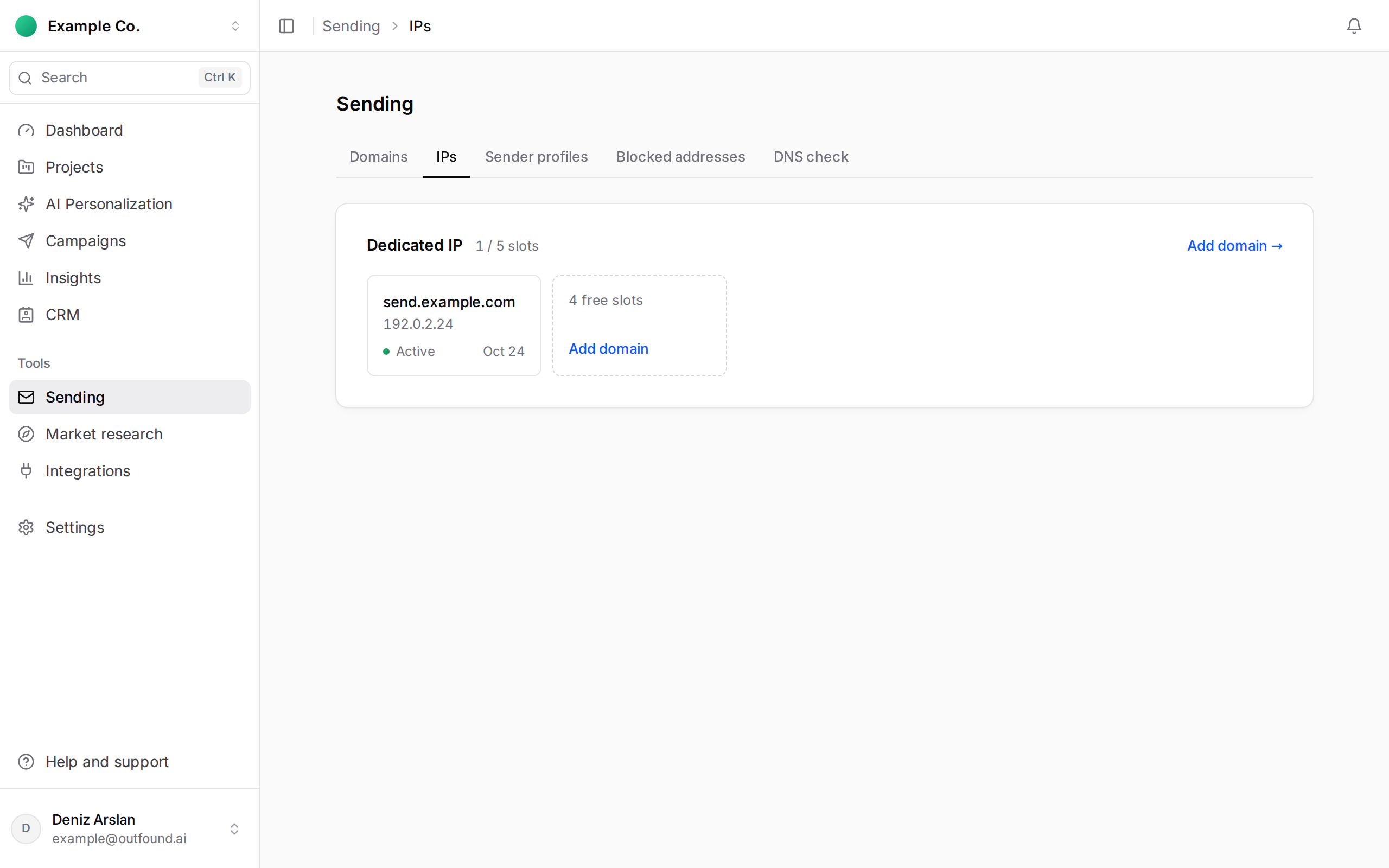 Sending › IPs: a dedicated IP card bound to send.example.com with the Active status, next to the free-slot card