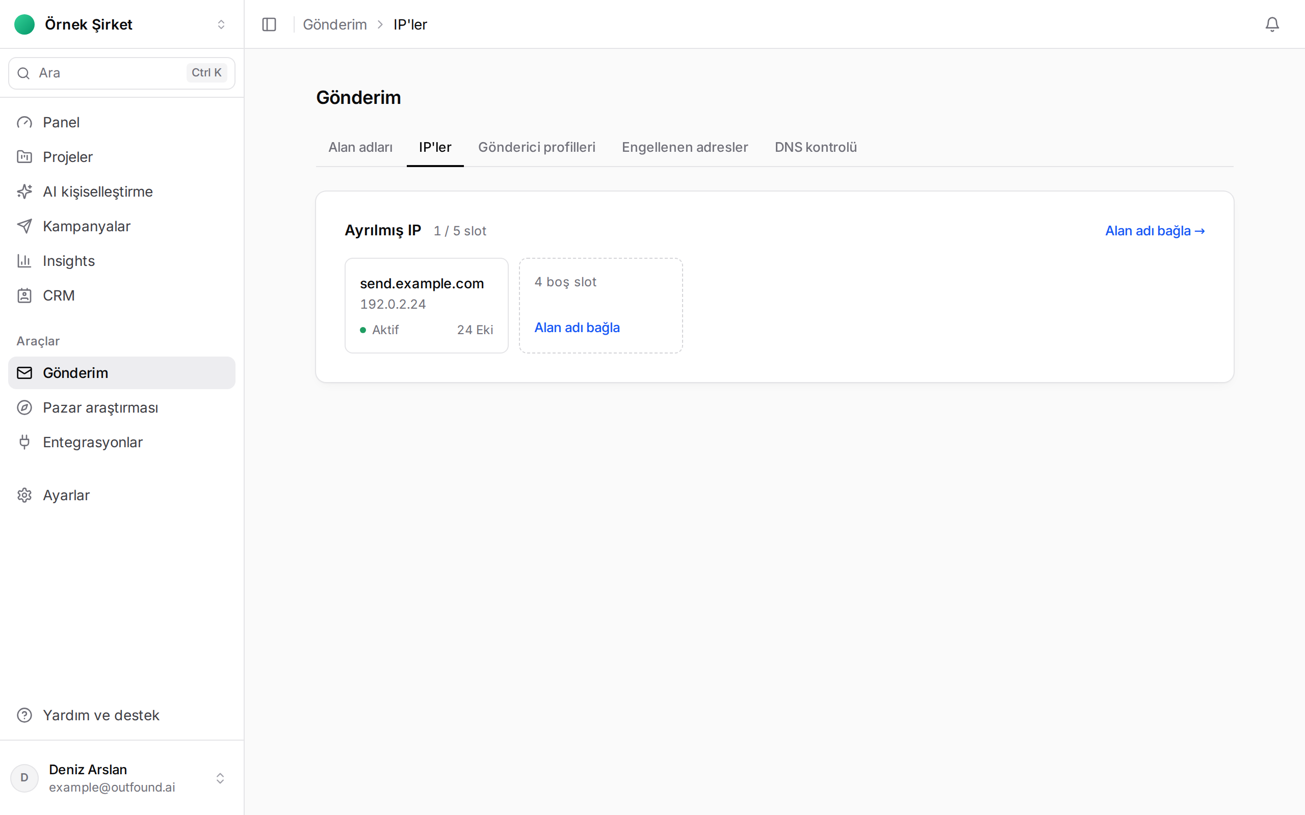 Gönderim › IP'ler sayfası: send.example.com alan adına bağlı, Aktif durumdaki bir özel IP kartı ve boş slot kartı