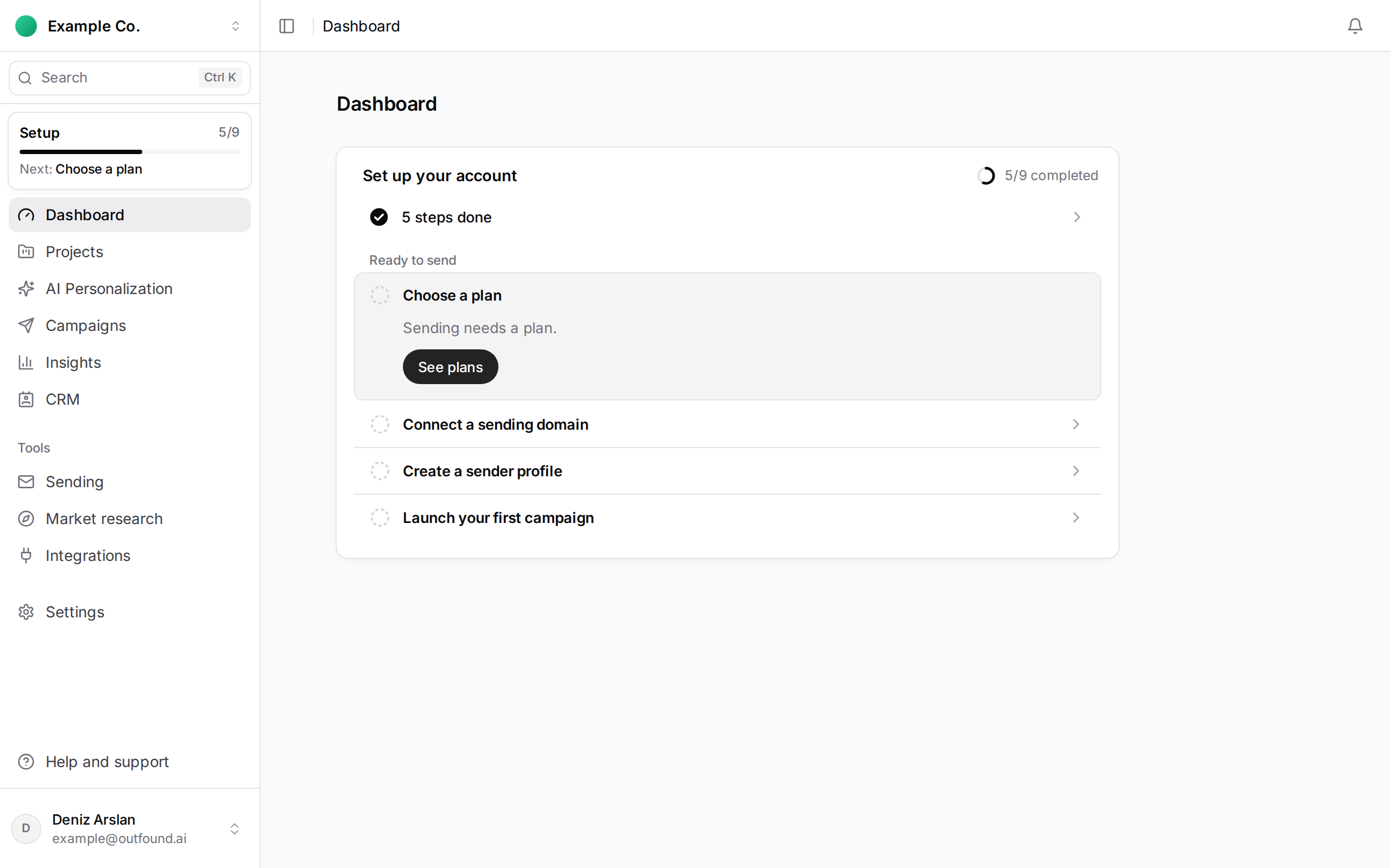 The Set up your account card on the dashboard: 5/9 completed, next step Choose a plan