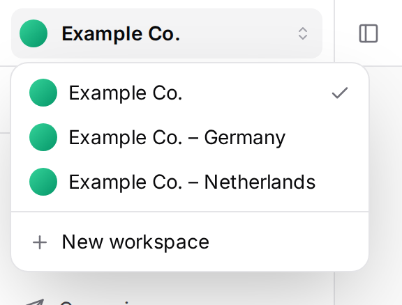 The workspace switcher open: Example Co., Example Co. – Germany, Example Co. – Netherlands and New workspace