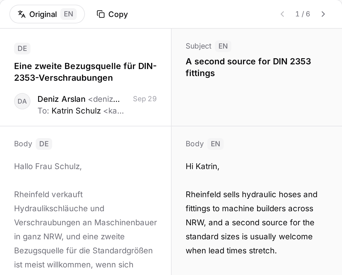 A German draft in focus mode with its English translation beside it