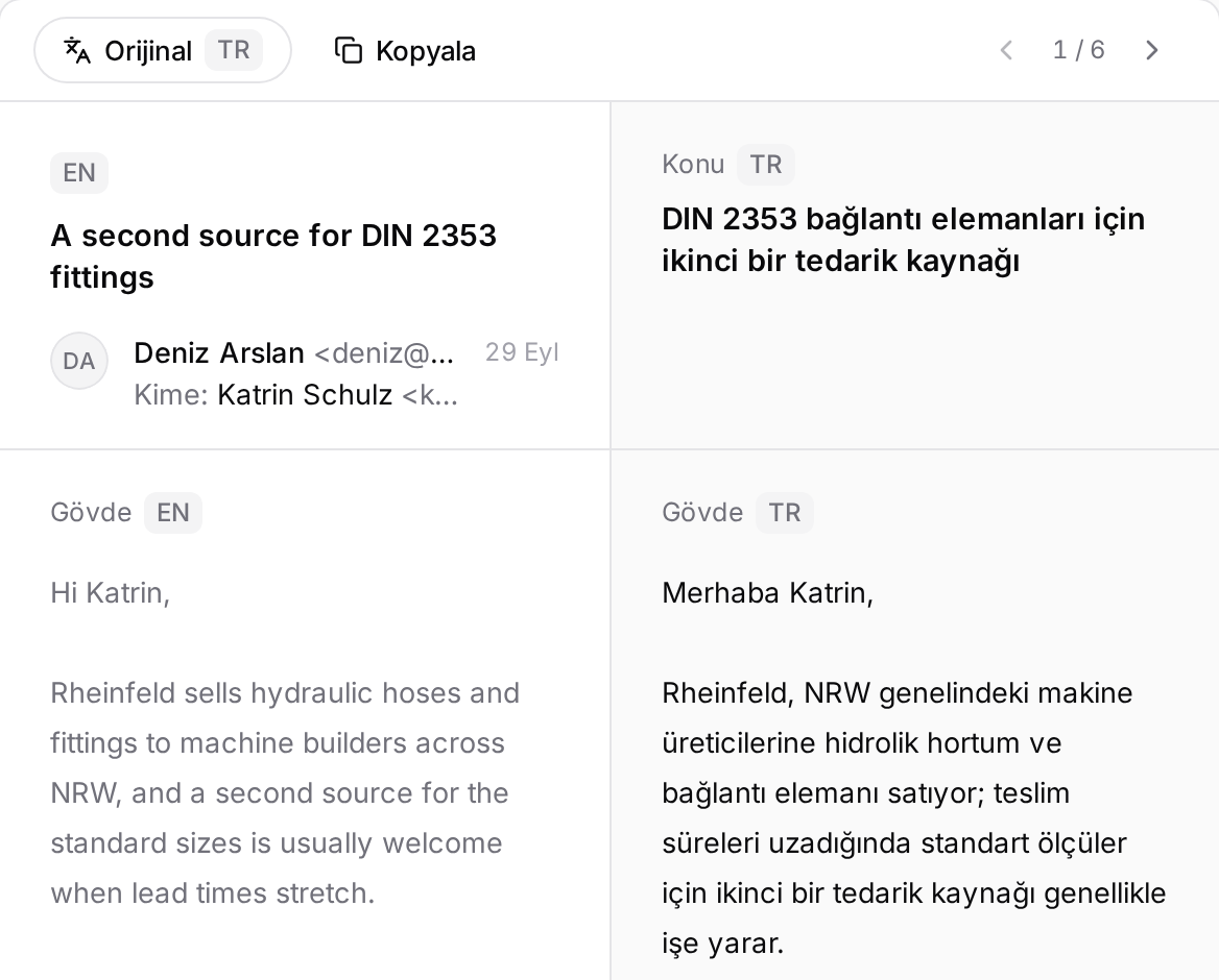 Odak modunda İngilizce bir taslak ve yanında Türkçe çevirisi