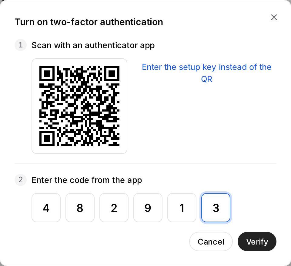 The dialog for turning on two-factor authentication: a QR code and the 6-digit code field